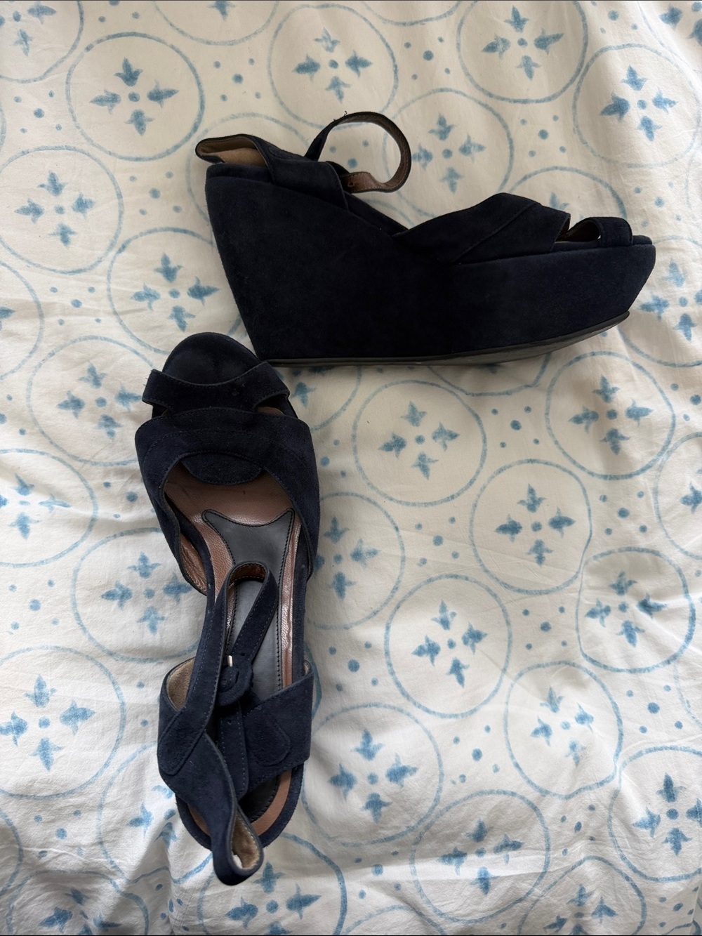 Marni Wedge Suede Platform Sandals - Navy